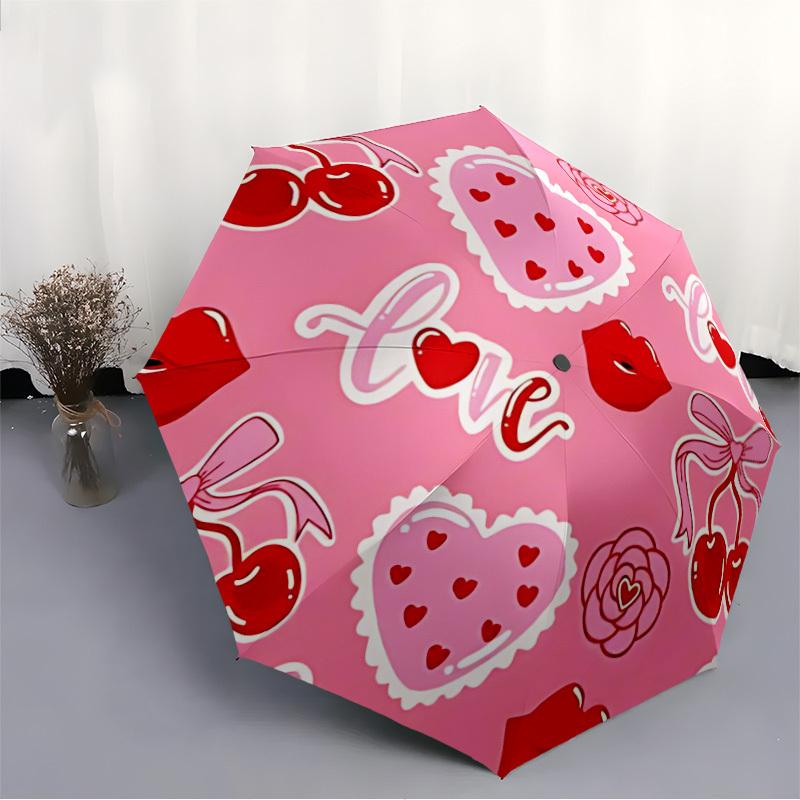 1PC Love Hearts Automatic Windproof Umbrella 8 Rib Portable Folding Black Iron Frame for Outdoor, Beach, Travel, Beach Umbrella,S37