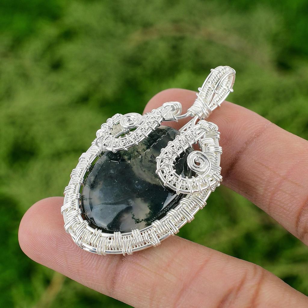 Solar Moss Agate Gemstone Wife Birthday Wire Wrapping Pendant Sterling Silver
