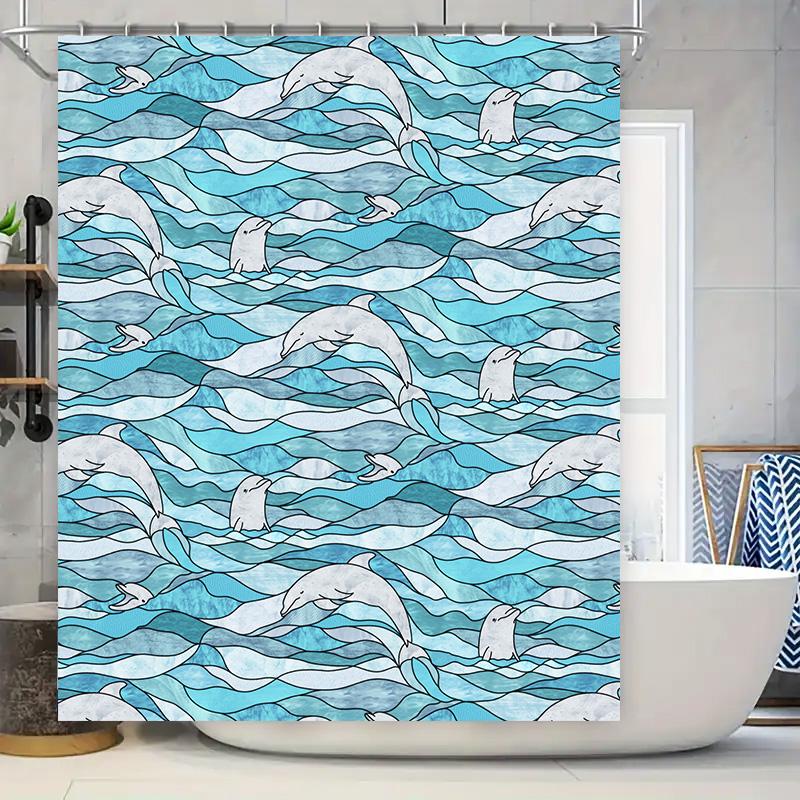 

Blue Dolphin Ocean Waves Shower Curtain Waterproof Fabric Decor For Bathroom 72 X 72 Rectangular Design Bath Accessories Set W60H190(CM)-1 Pcs