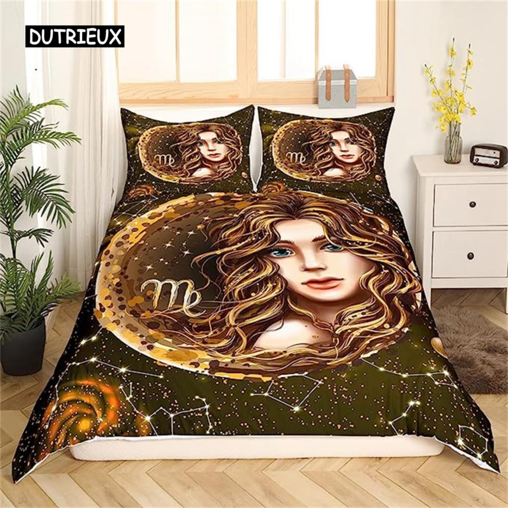 Twelve Constellation Duvet Cover Mysterious Constellation Room Decor Red Brown Galaxy Boys Girls Starry Sky Outer Space Decor