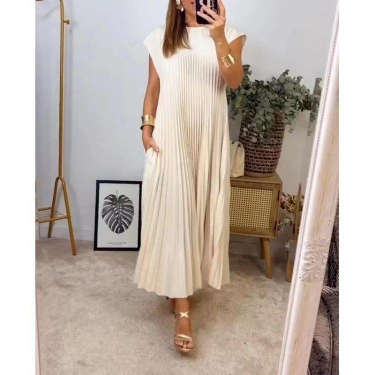 Elegant Sleeveless Women Long Dresses Pleated Round Neck Summer 3XL бежевый