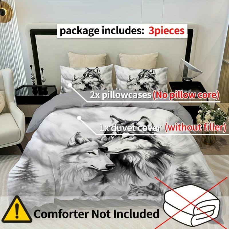 3-teiliges Bettwäsche-Set mit Tusche-Wolf-Motiv, bequem aus 100 % Polyester-Gewebe, 1 Bettbezug, 2 Kissenbezüge ohne Kissenfüllung, Vier Jahreszeiten