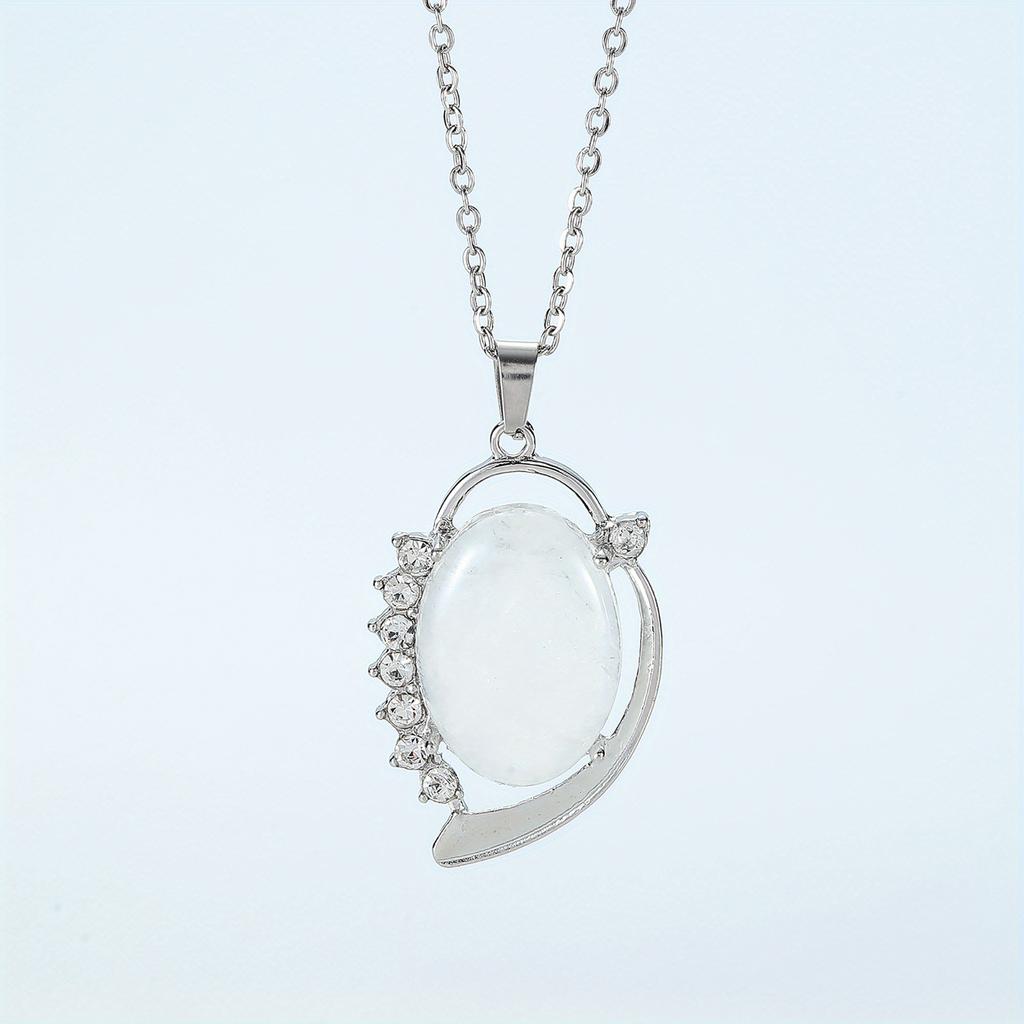 Natural Crystal Stone Pendants Necklaces Oval Bead Healing Pink Quartz Jewelry for Women Oval Shape Charms Metal Alloy Pendant