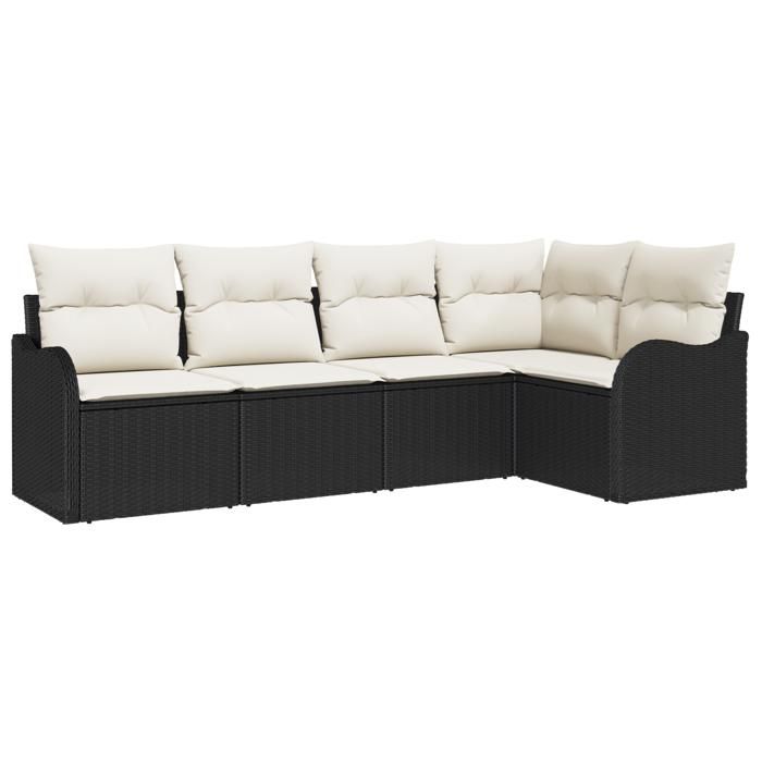 Ensemble de canapé de jardin 5 pièces avec coussins noir en rattan, Canapé de jardin 2 places avec coussins noir en rattan 3345697