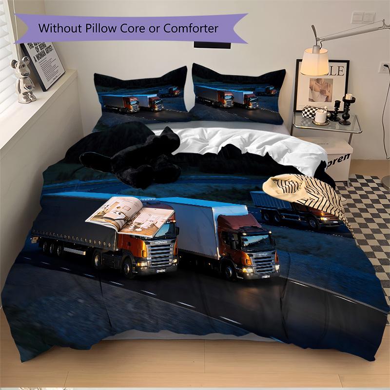 Nighttime Truck Convoy Highway Print 3Pcs Bedding Setduvet Cover With 2 Bedropillowcase Home Birthday Gift