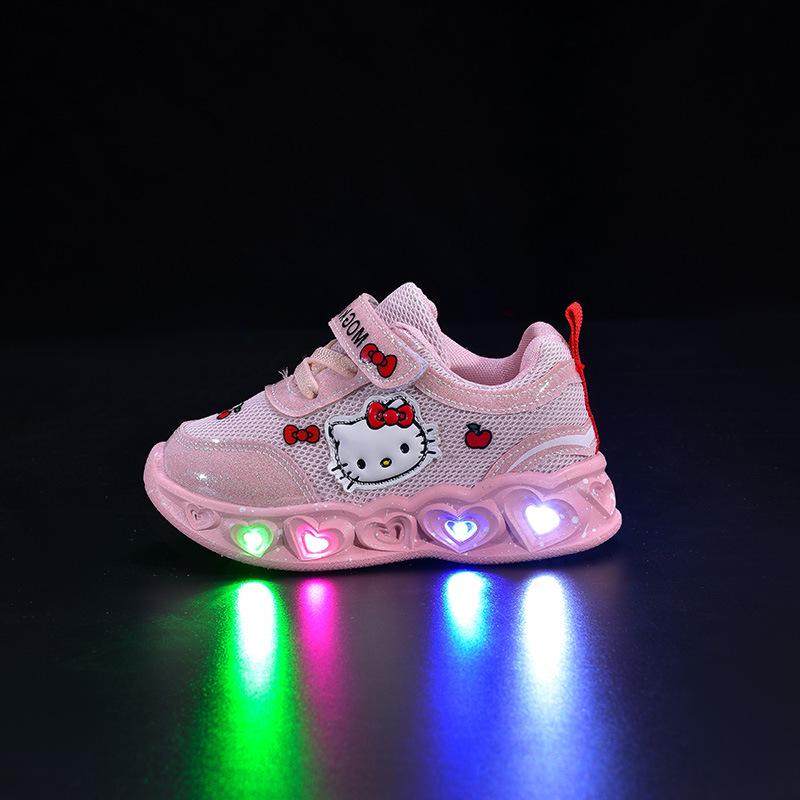 2025 Spring/Autumn Kids' Cartoon Cat LED Light-Up Breathable Mesh Sports Shoes - Trendy Glowing Sneakers for Children