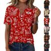 Women's Christmas Printed V-Neck Short Sleeve Button T-Shirt Casual Holiday Top