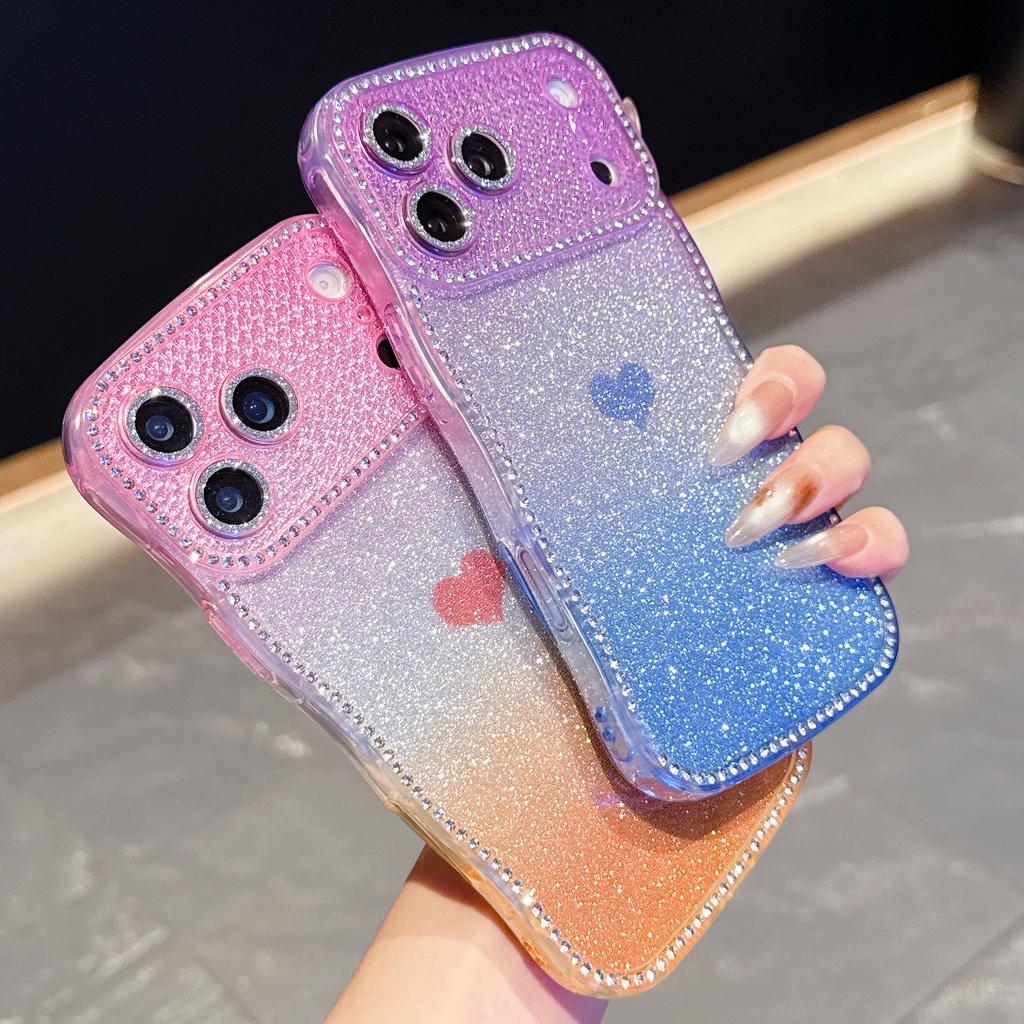 For iPhone 17 Pro Case Sparkle Rhinestone Decor TPU Phone Cover with Glitter Gradient Card