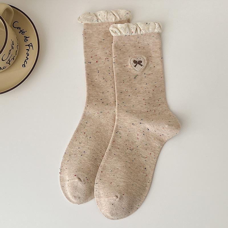 Lace Socks for Women, Mid-calf for Autumn and Winter, Heart-shaped Embroidered Dot Yarn Trendy Socks, Boneless Socks
