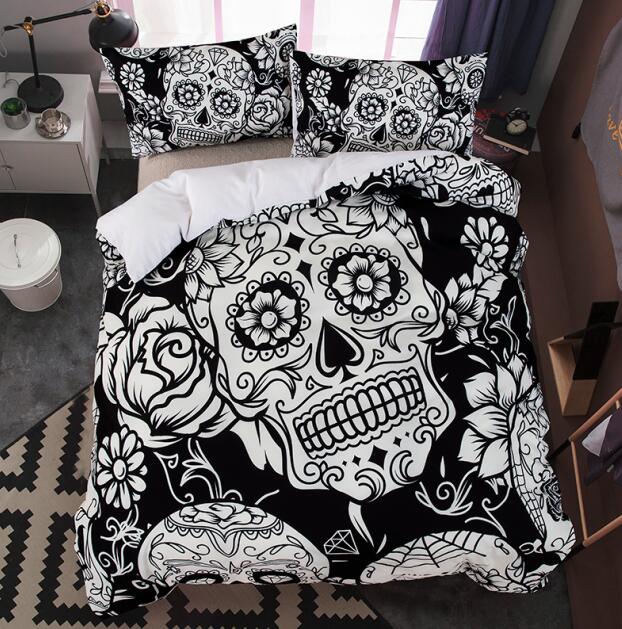 3D skull bed linen set cartoon watercolor rose flower skull quilt cover cushion cover queen size white bed cover set