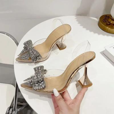 Moda de Verano para Mujer Sexy Puntera Puntiaguda Lazo de Pedrería PVC Tacón de Copa Sandalias de Tacón Alto para Fiesta Boda Zapatos