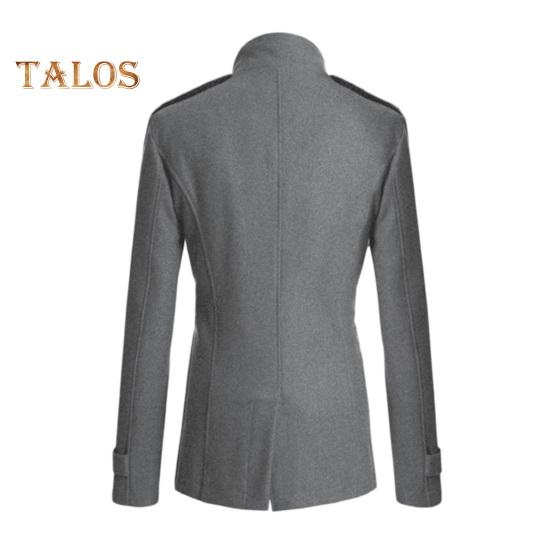 Men Woolen Coat Stand Collar Long Sleeve Windbreaker with Double-Breasted Closure Pockets Solid Color Mid-Length Outwear