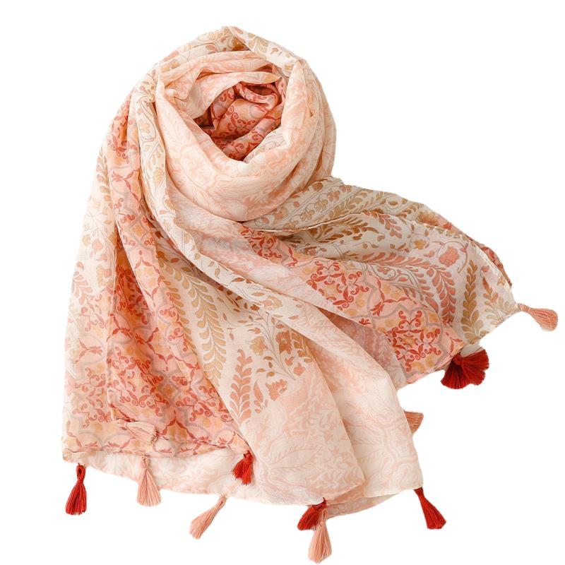 Yitao Women's Ethnic Cotton-Linen Scarf: Orange Wheat Ear Tassel Design, Ideal for Travel, Beach, or Shawl Use