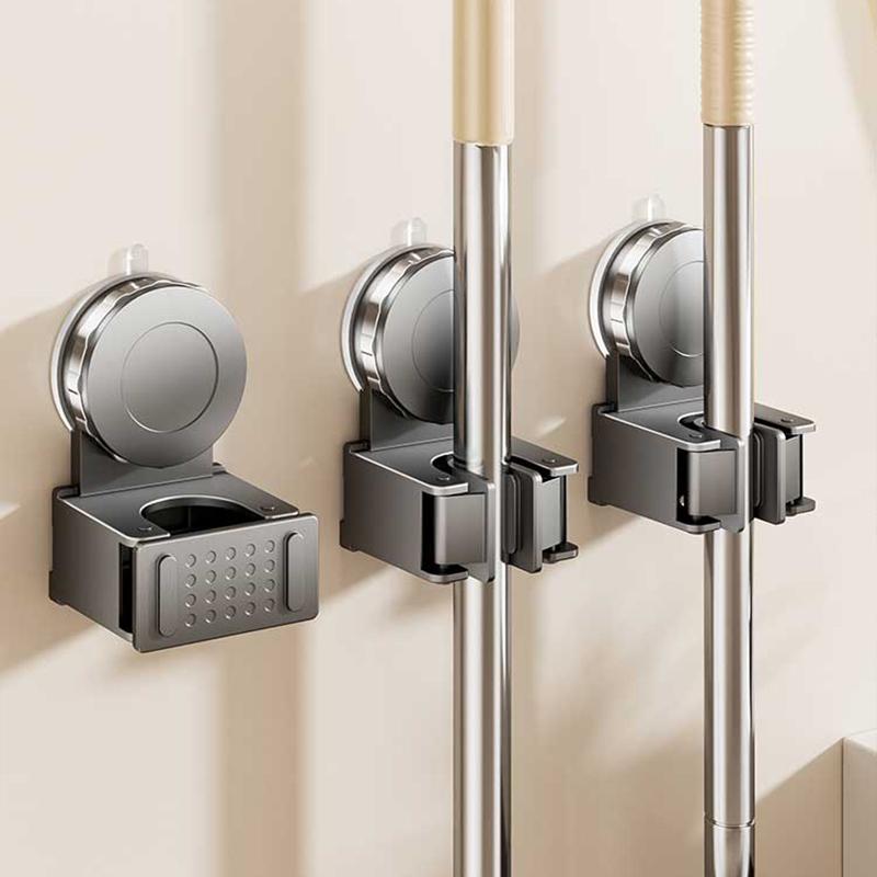 Suction Cup Mop Broom Holder Wall Mounted No Punching Bathroom Organizer With Anti-Slip Silicone Clamp