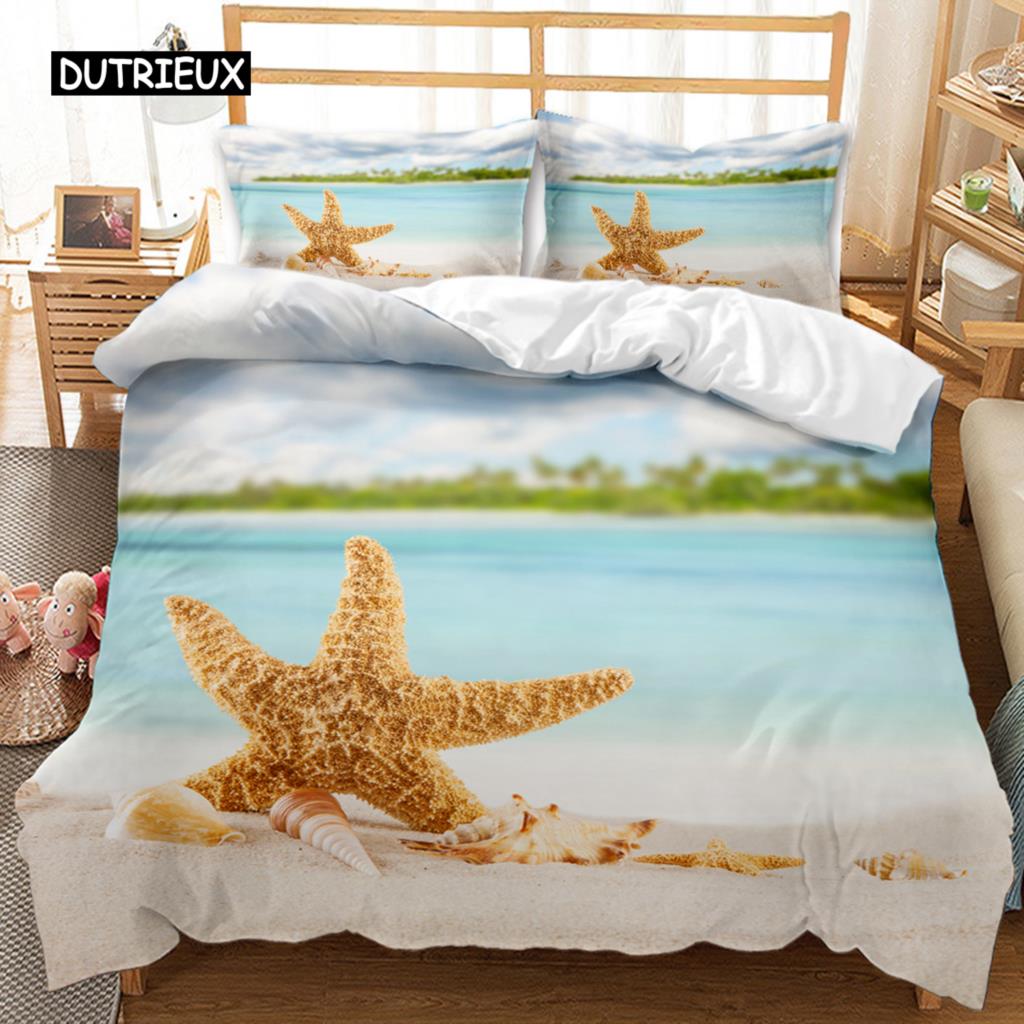 Beach Duvet Cover Set Summer Ocean Bedding Set Hawaiian Marine Sea Waves 3D Print Starfish Polyester Comforter Cover Queen King