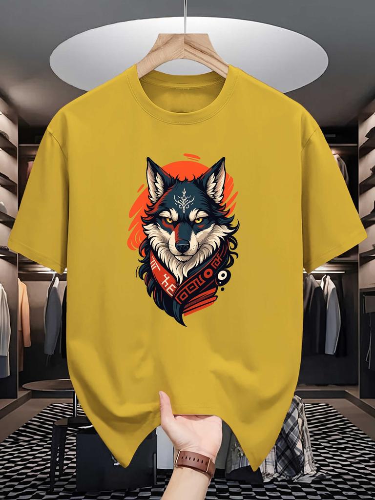 Mens Crew Neck T Shirt Tribal Nordic Wolf Head Vintage Pattern Graphic Short Sleeve Casual Cotton Animal Lover Streetwear Tees