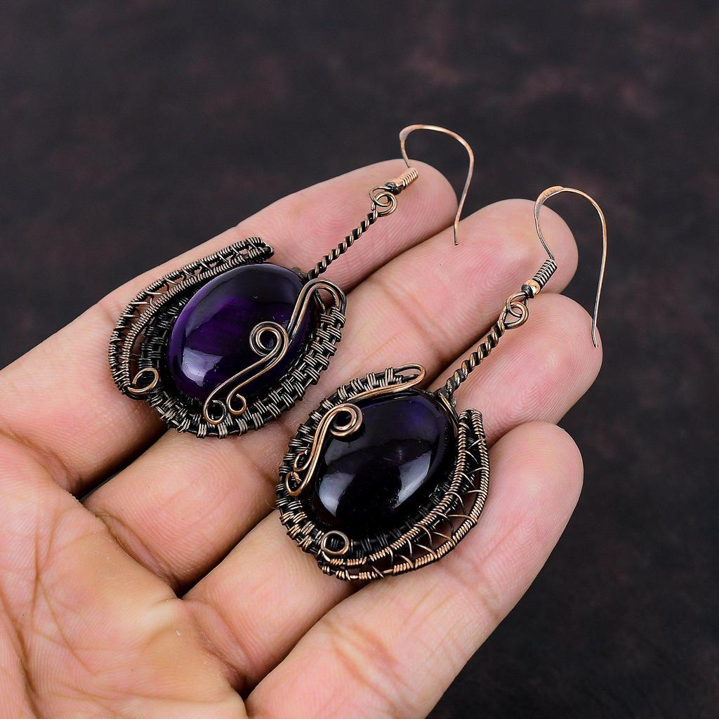 Purple Fire Labradorite Earring Copper Wire Wrapped Earring Gemstone Jewelry Handmade Earrings Copper Wire Jewelry Designer Earring For Gift