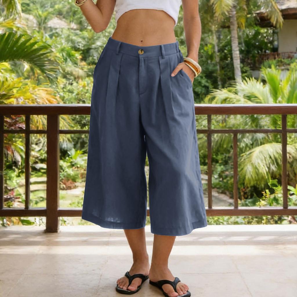 Women’s Casual Loose Fit Cropped Pants with Pockets Relaxed Mid Waist Wide Leg Seven Quarter Length Trousers for Everyday Wear