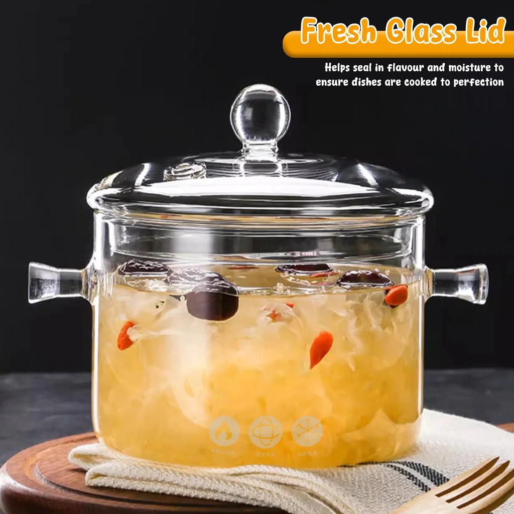 Clear Cooking Pot with Lid and Brush 1500ml Glass Simmer Pot Borosilicate Glass Clear Cookware Nonstick for Pasta Noodle Soup