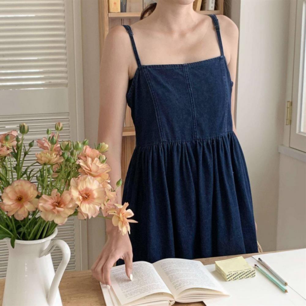 New Arrivals Open Run Women Denim Long Dress Cotton Flare Shoulder Strap Pin Tux
