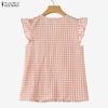 ZANZEA Women Casual V-Neck Ruffles Short Sleeve Plaid Print Blouse