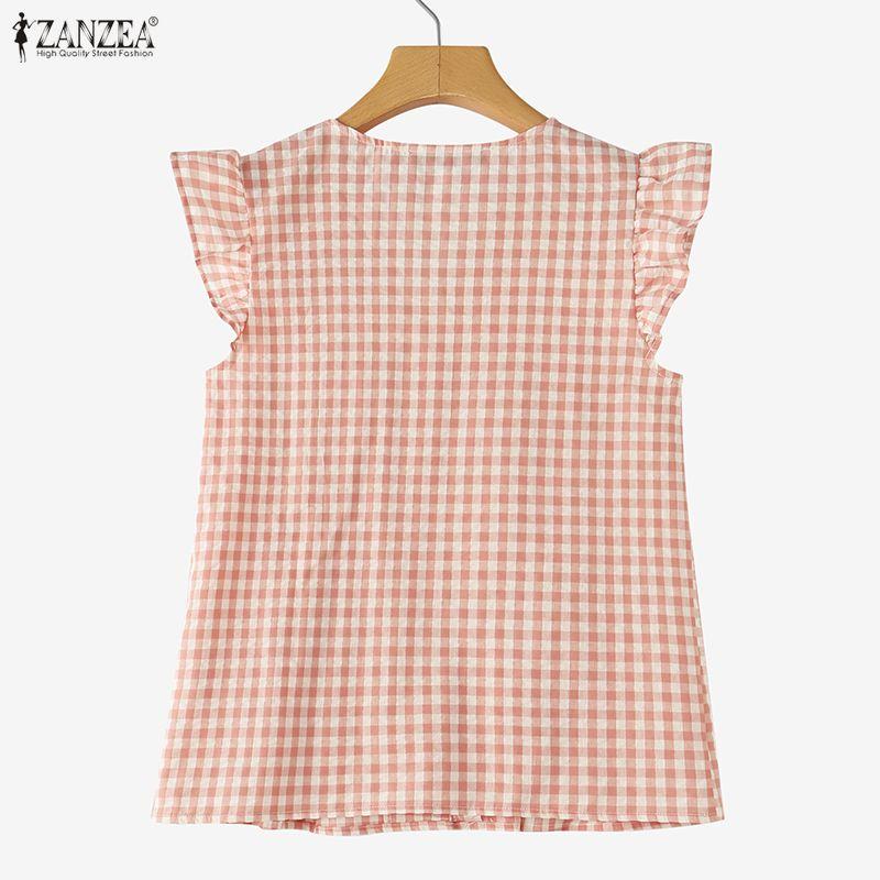 ZANZEA Women Casual V-Neck Ruffles Short Sleeve Plaid Print Blouse