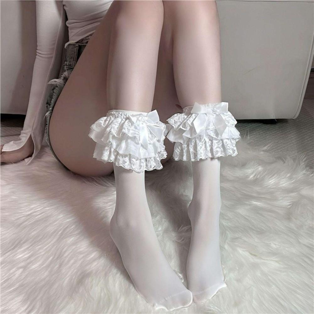 Bowknot JK Knee High Socks Ballet Style Ruffle Uniform Socks Lolita Lace Stockings Japanese Style