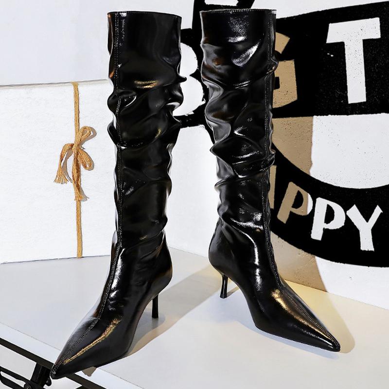 Autumn winter shoes knee-high boots Women patent leather Ladies' boots Stiletto Heels 5.5 cm Women Wrinkled tube Long boots New
