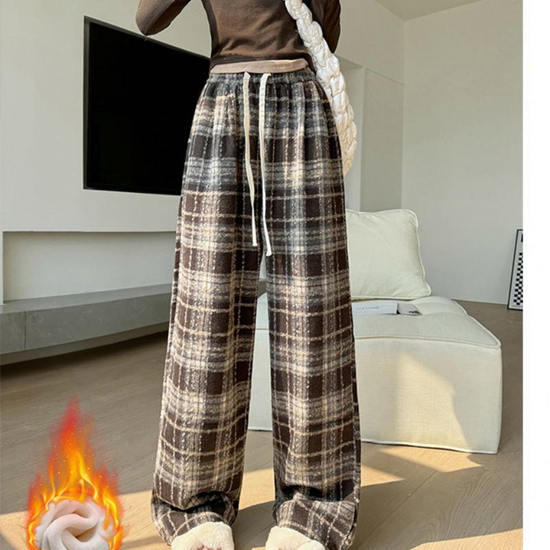 Pantaloni Retro în Carouri pentru Femei Primăvara și Toamna Noi Pantaloni Drapați cu Picior Drept cu Talie Înaltă Pantaloni Largi Casual cu Picior Lat