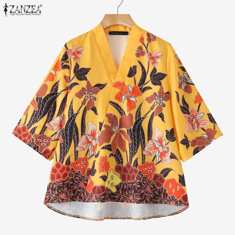 ZANZEA Blusa Casual da Donna con Scollo a V Maniche 3/4 Ampie Stampa Floreale