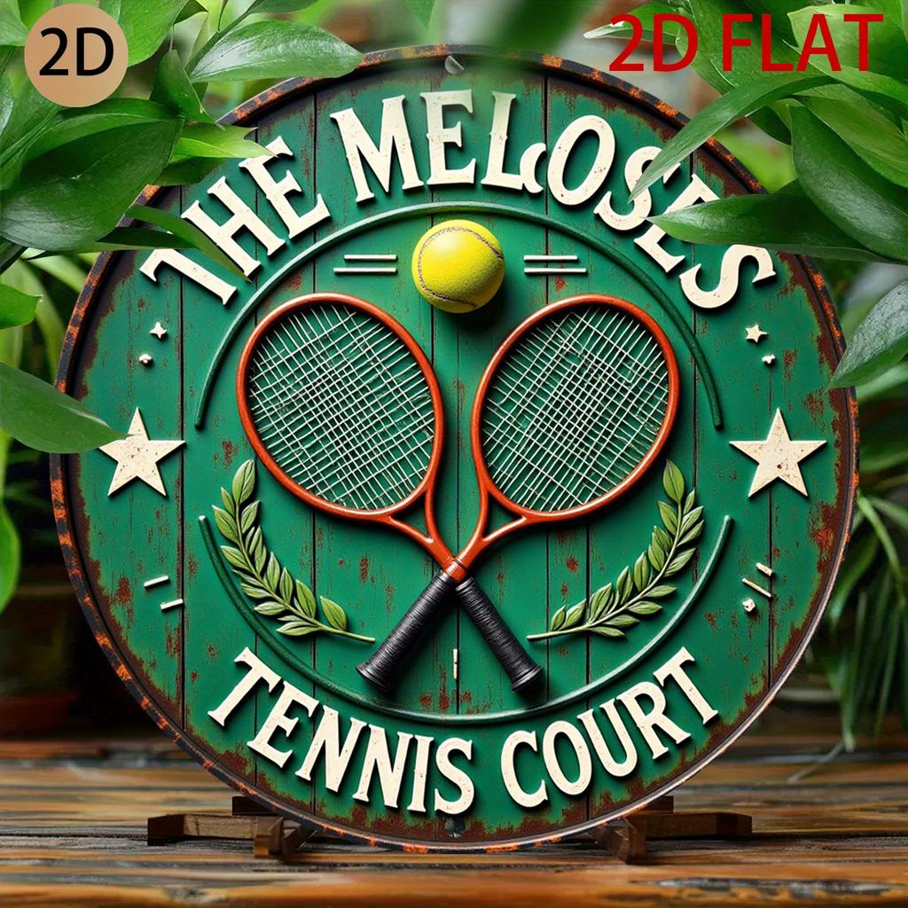 HD Tin Sign D Effect Tennis Court Racket Ball Round Metal Wall Art Vintage Sports Decor