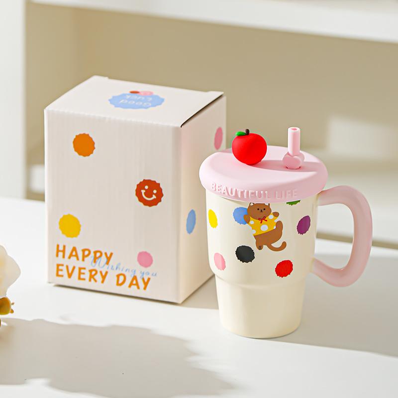Apple Sippy Cup for Girls Birthday Girl Heart Cat Sippy Cup Cute Ceramic Mug Souvenir Gift Box