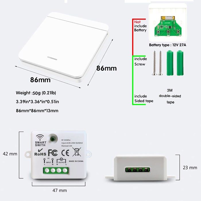 Interrupteur d'éclairage sans fil RF 433MHz - Kit 1 récepteur + 2 émetteurs, 7A 1500W, montage mural