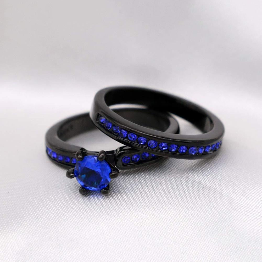 Fashion Couple Rings Romantic Blue Rhinestones CZ Women Rings Set Trendy Men Stainless Steel Zirconia Ring Wedding Band Jewelry