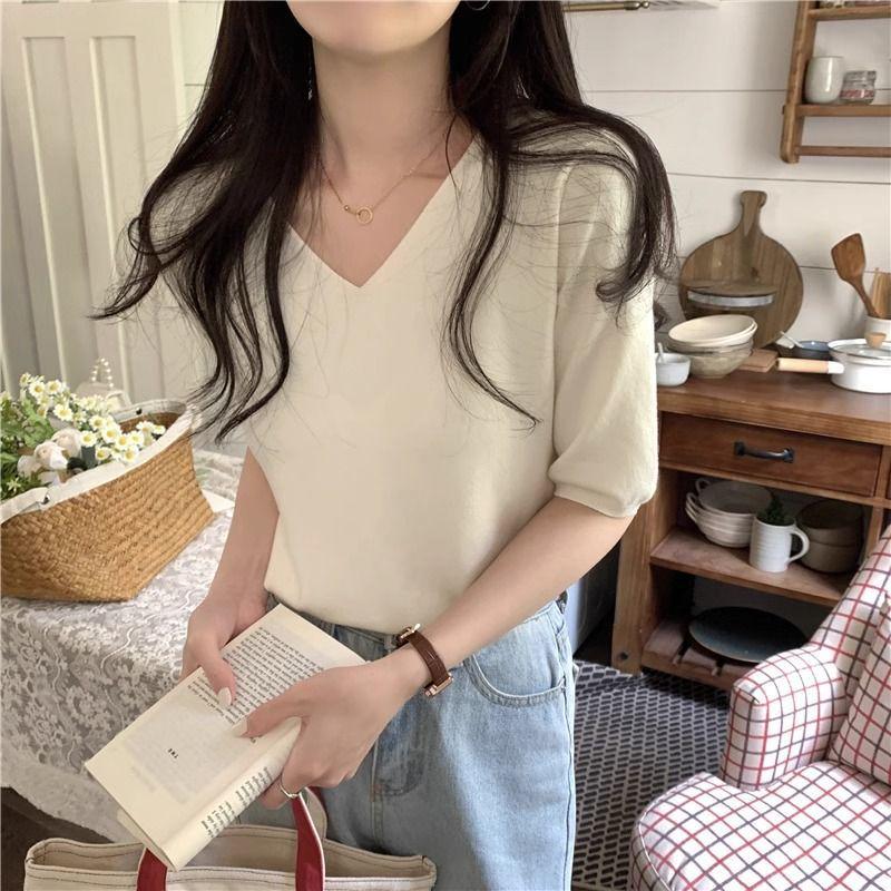 2025 Summer V-Neck Knit Short Sleeve Women's Slimming Top