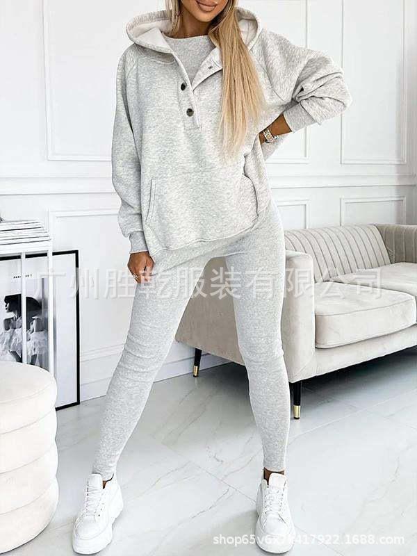 1116 European and American new women's clothing sports and leisure hooded pocket sweater threaded slim trousers set
