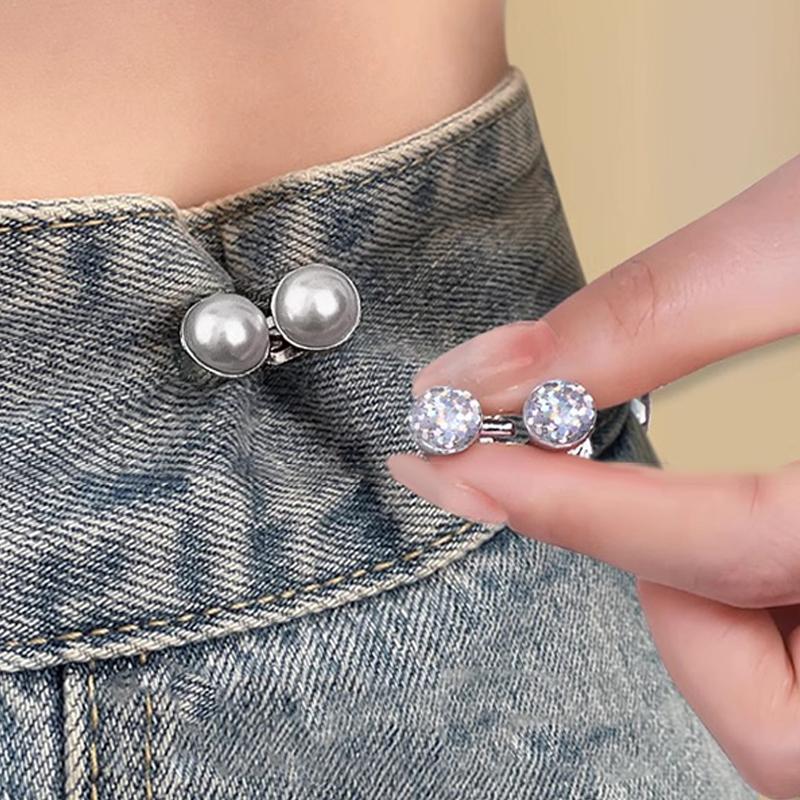 Fibbia Vita Regolabile in Strass Lucidi e Perle, Bottoni per Jeans, Clip Cinciura Vita Riutilizzabile Senza Fori per Vestiti