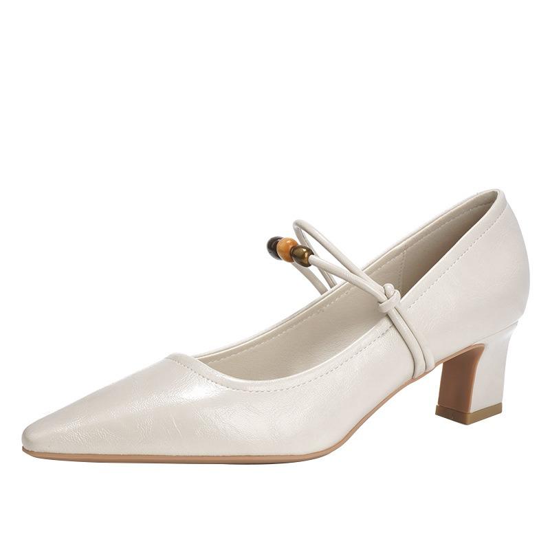 Weiches Leder Perlen Wort mit vielseitigem quadratischem Kopf Temperament High Heels Damen dicker Absatz Mary Jane Einzelne Schuhe