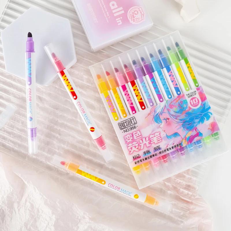 10pcs Double-ended Magic Color Changing Highlighter Pen Set Student Diary Scrapbook Painting DIY Making, Office Cute Stationery