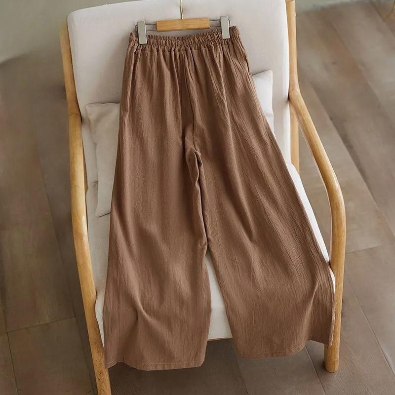 Loose Cotton Linen Wide Leg Pants Women's Summer Autumn Style Artistic Simple Elastic Waist Meat Concealing Trousers