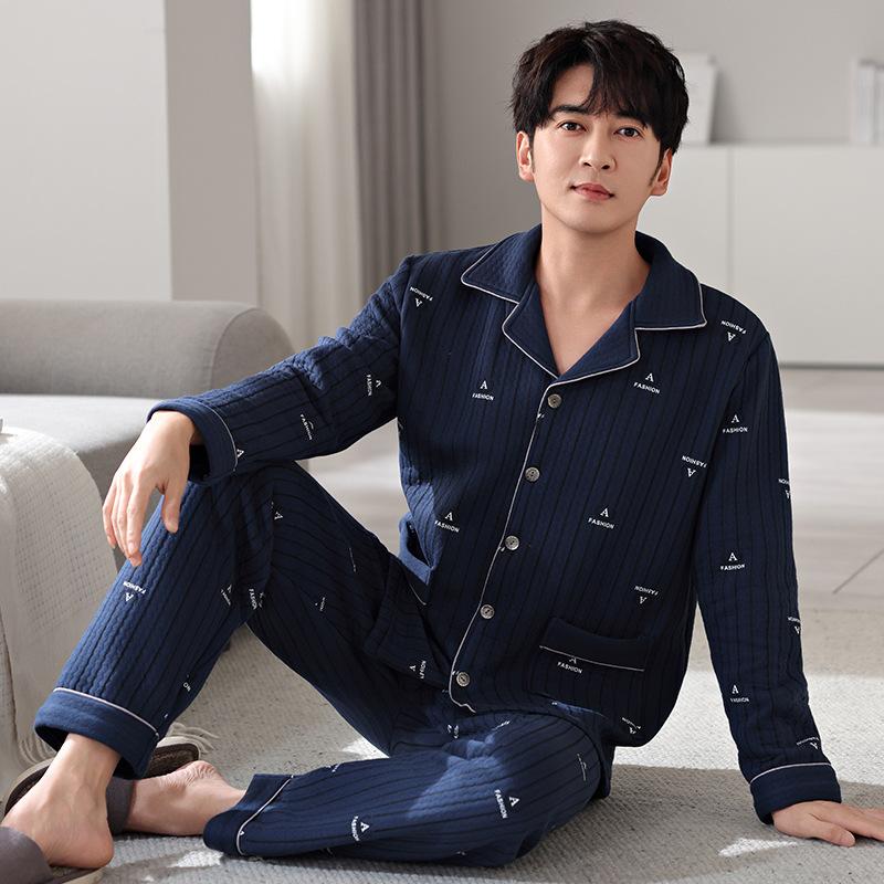 Air cotton sandwich pajamas men's autumn and winter thickened pure cotton long-sleeved men's winter thin padded large-size loungewear