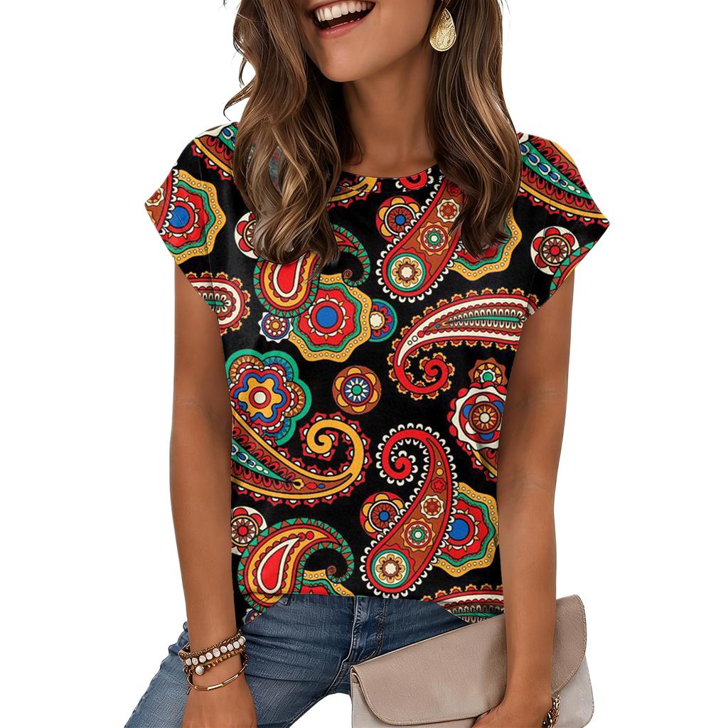 Women's Loose-Fit Fashionable Casual Vintage Print Cap-Sleeve T-Shirt Top