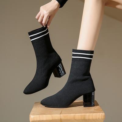 Plus Size Knit Square Toe Chunky Heel Stretch Low Tube High Heel Fashion Boots For Women