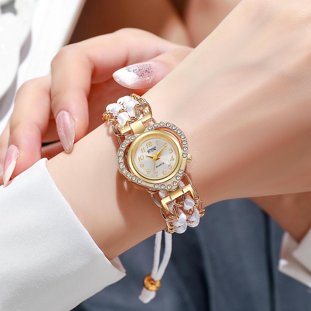 Luxury Rhinestone Women Watches Fashion Heart Dial Woven Strap Ladies Quartz Wristwatch Reloj Mujer