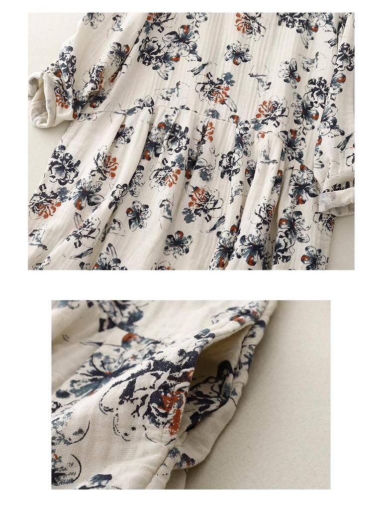 Xin Xing Cotton Linen Pastoral Print Dress: Soft, Gentle, Loose Fit for Spring and Autumn
