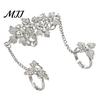 Women Hand Jewelry Rhinestone Flower Link Chain Ring, Bling Floral Leaf Full Finger Ring Dainty with Chain, Adjustable Open Statement for Wedding