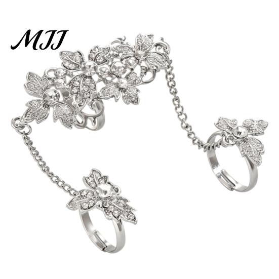 Women Hand Jewelry Rhinestone Flower Link Chain Ring, Bling Floral Leaf Full Finger Ring Dainty with Chain, Adjustable Open Statement for Wedding
