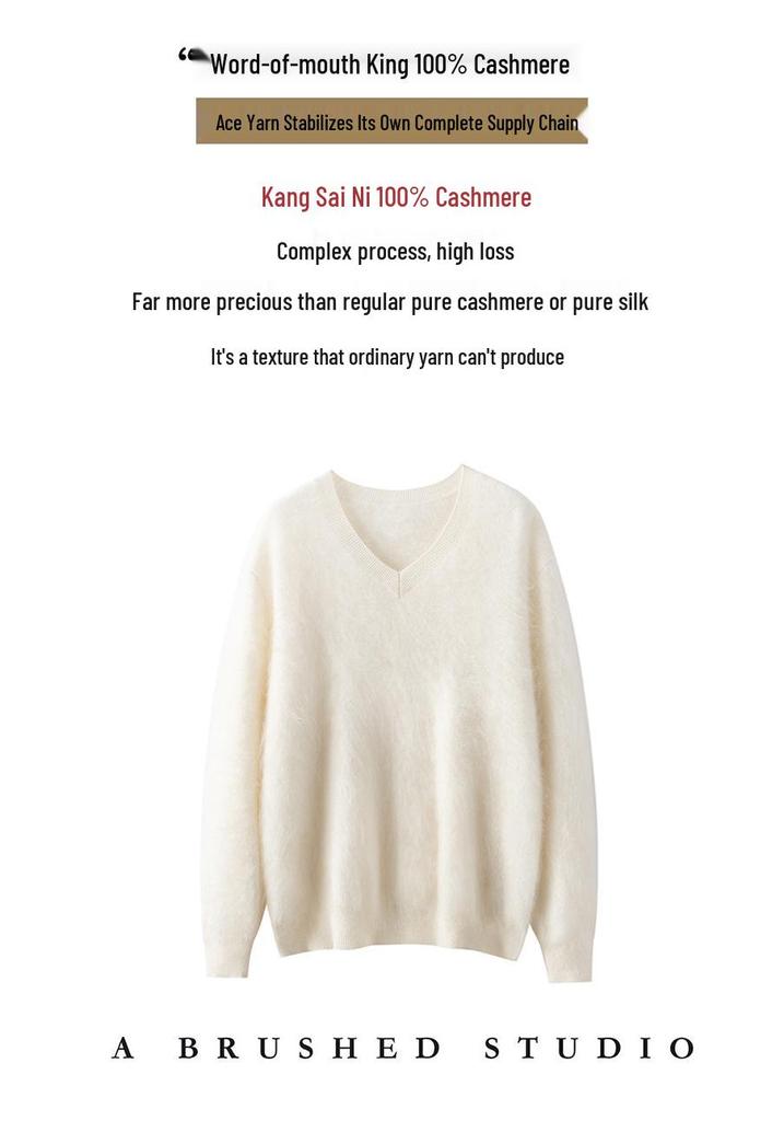 Kang Sai Ni Women's 100% Cashmere Long Brushed Sweater, Old Money Style Knitwear