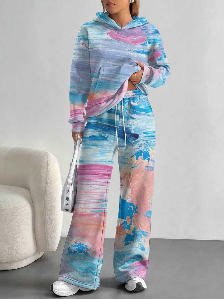 Flowers European, American Autumn and Winter Casual Long-sleeved Suit Women's Hooded Sweater Trousers Two-piece Set