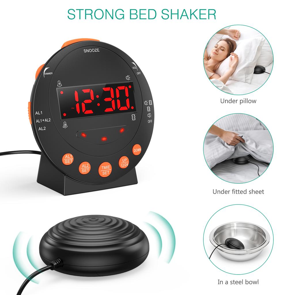ORIA Loud Alarm Clock with Bed Shaker Vibrating Alarm Clock  with Adjustable Dimmer for Heavy Sleeper Deaf Hard of Hearing